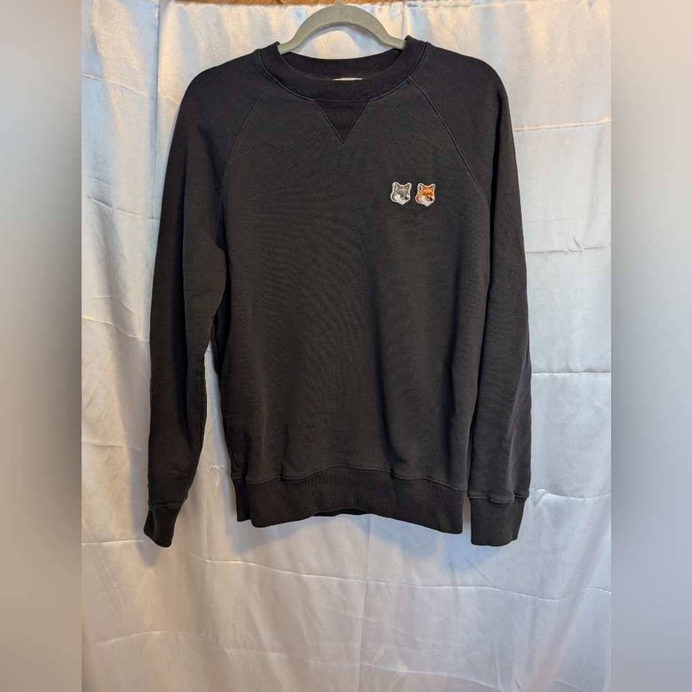 MAISON KITSUNE Faded Black Crewneck Sweater with Fox Patches Size Small - Picture 3 of 6